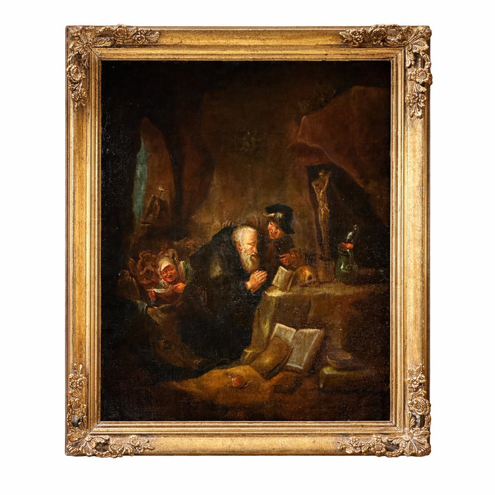 Antonius mit der heiligen Schrift wird von bösen Geistern gestört